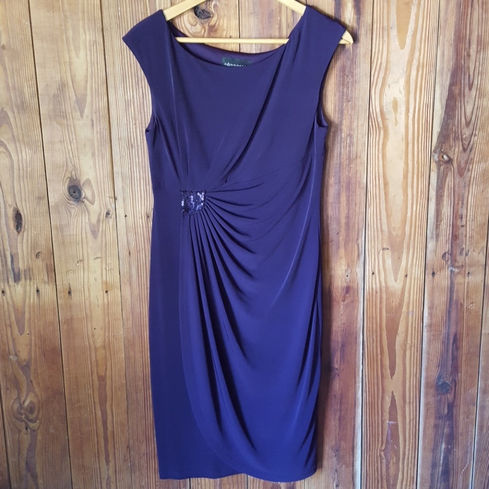 Connected Apparel Purple Ruched Formal Dress Size 12 Faux Wrap Cocktail Wedding